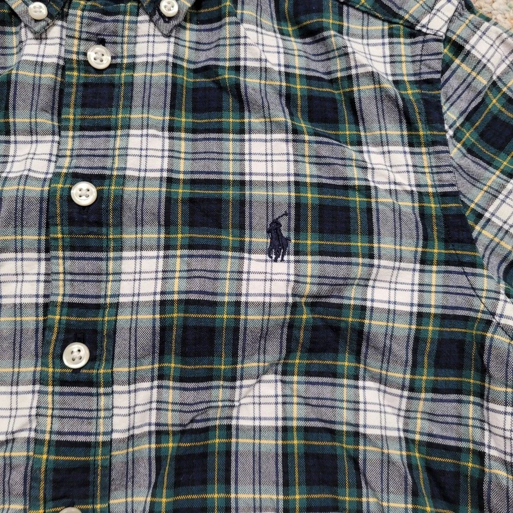 Ralph Lauren Shirt Boy Medium 10-12 Green Navy White Plaid OCBD Button Down Prep